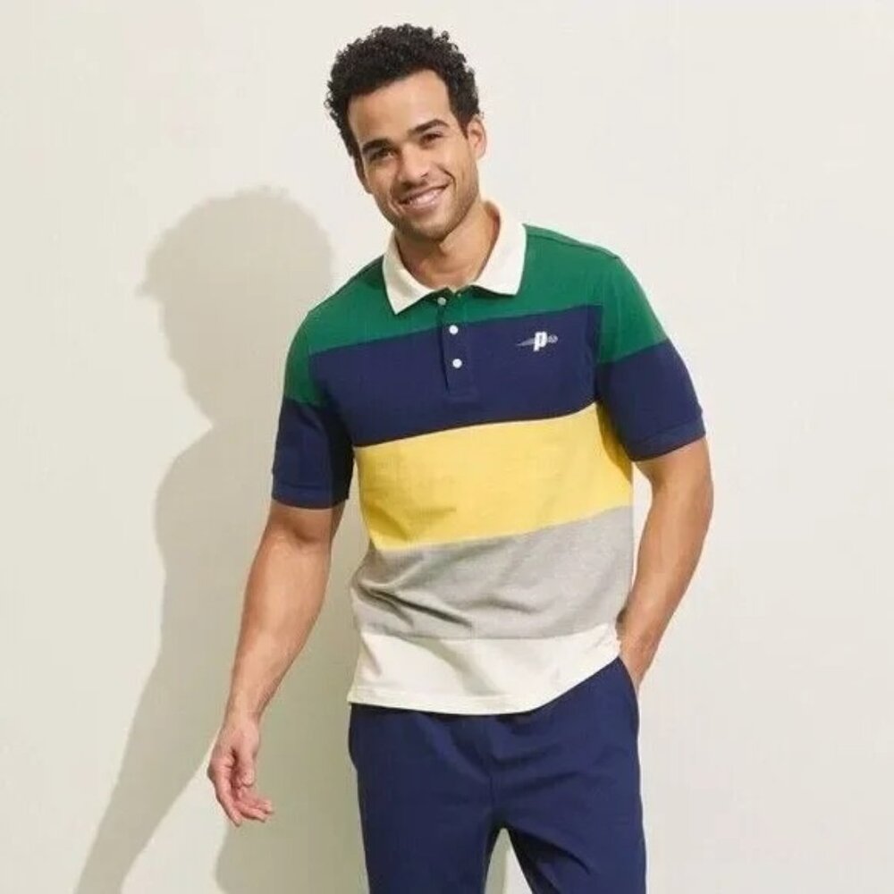 NEW Prince Pickleball Men's Polo Shirt - Green/Navy Blue/Yellow